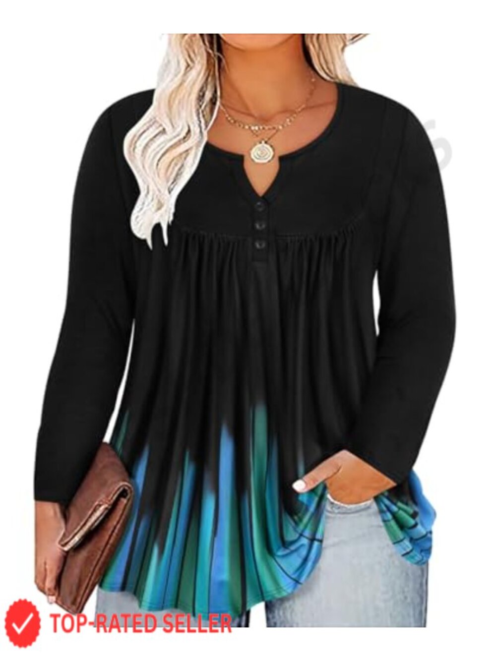 Plus Size Long Sleeve Henley Tunic V-Neck Blouse Stretchy Work Top
